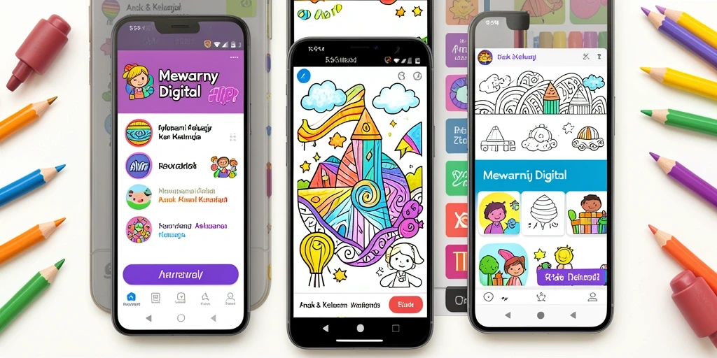 Antarmuka aplikasi Mewarnai Digital 55RP yang interaktif dan ceria.