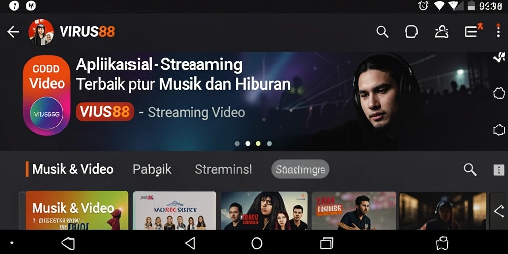 Antarmuka aplikasi VIRUS88 yang menarik dan fungsional untuk streaming video.
